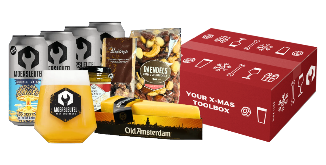 Image of Moersleutel Christmas Holiday gift pack content and beers