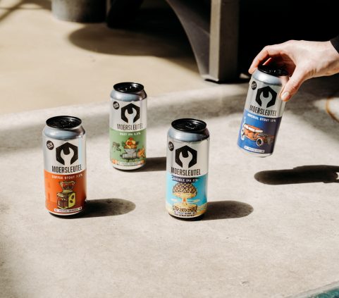 Moersleutel craft beer cans, including Coffee Stout, Hazy IPA, Double IPA and Imperial Stout